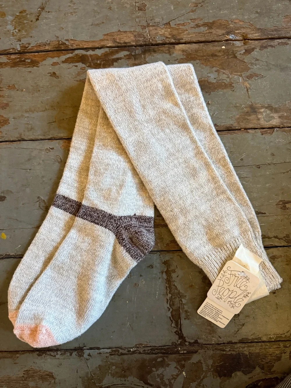 NWT Free People OTK Light Heather Gray Crew Socks with Brown Heel and Pink Toe